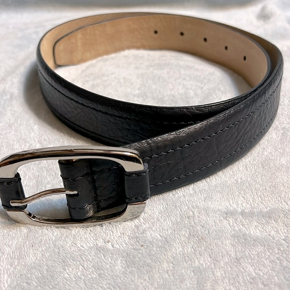 Talbots Navy Leather Belt with Silver Buckle